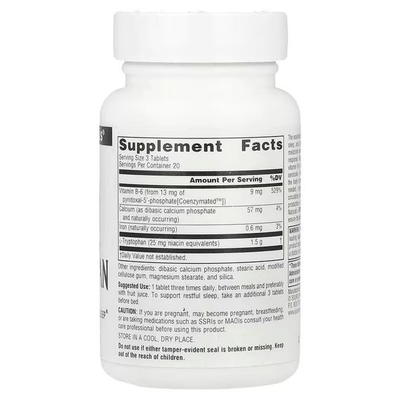 Амінокислота Source Naturals L-Tryptophan with Coenzyme B-6, 60 Tablets | Зображення 1