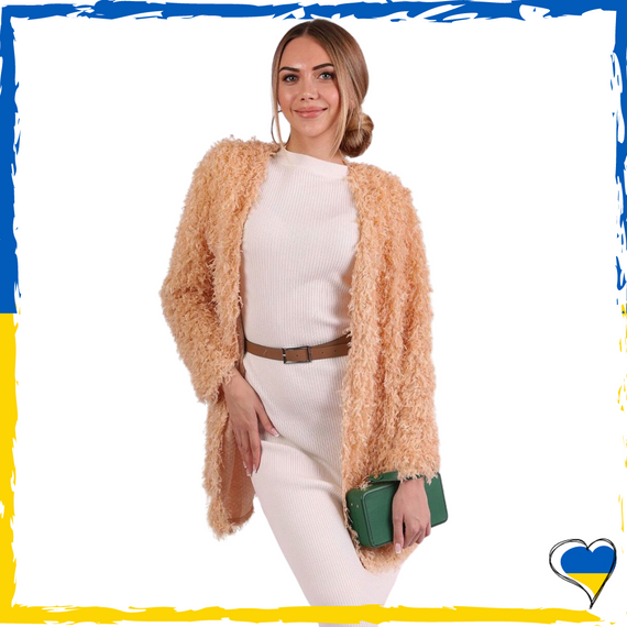 Кардиган жіночий бежевий/рожевий середньої довжини. Кардиган з штучного пір'я | Зображення 2