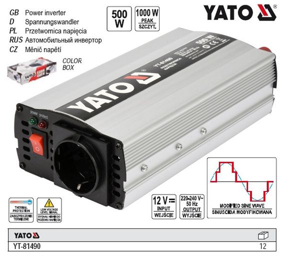 Преобразователь напряжения YATO Польша инвертор 12В DC-230В 500Вт AC YT-81490