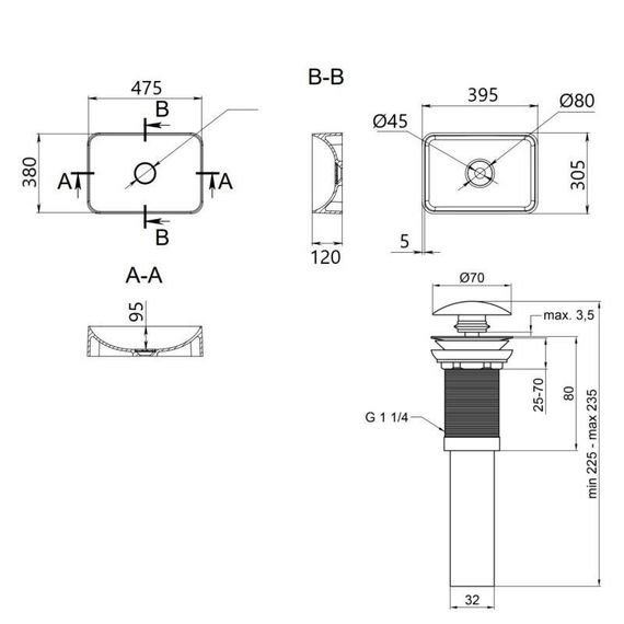 Комплект Qtap Aquarius: Раковина накладна прямокутна 470x380x120 мм White + Донний клапан PU02 | Зображення 1