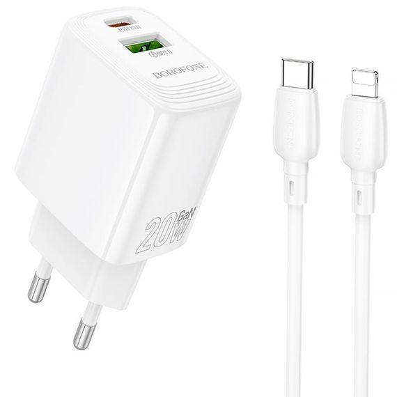 СЗУ Borofone BN27 Fuente PD20W+QC3.0 (1USB-A/1C) + кабель Type-C to Lightning White