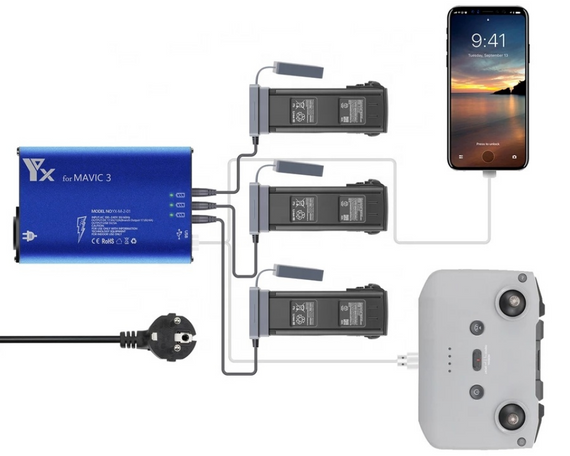 Інтелектуальний зарядний пристрій YX-259 для квадрокоптера DJI Mavic 3 / 3 Pro / 3T / 3E DC 17.6V-4A x 3 порта