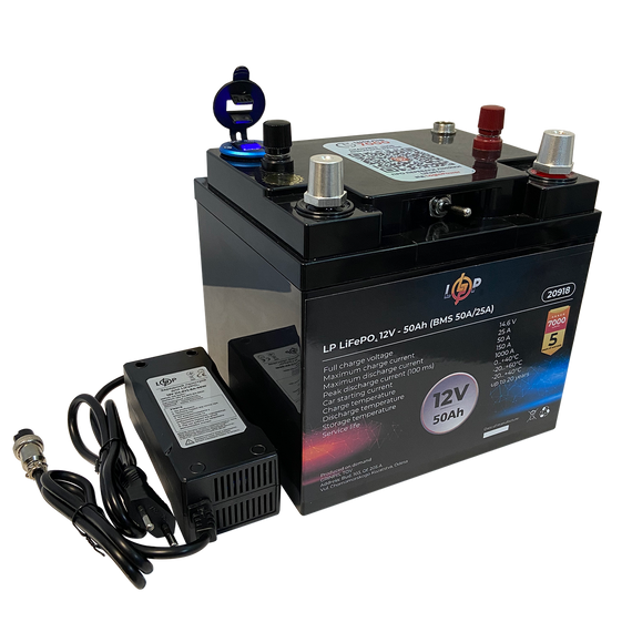 Акумулятор LP LiFePO4 універсальний із зарядним пристроєм 12V (12,8V) - 50 Ah (640Wh) (BMS 50A/25А) пластик
