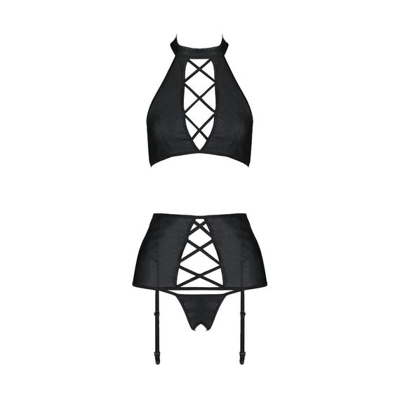 Комплект з екошкіри Passion Nancy Set 4XL/5XL black, імітація шнурівки, топ, пояс для панчіх | Зображення 2