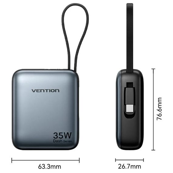УМБ Vention 10000mAh 35W 3A PD,Fast Charging,1хType-C IN/OUT,Built-in USB-C Cable,LED Display,Gray | Зображення 1