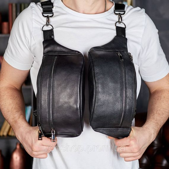 Стильна чоловіча бананка з натуральної гладкої шкіри 14х25х10, сумка нагрудна для телефону NM-50358 чорна | Зображення 3