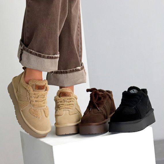 Замшевые Бежевые кроссовки угги с мехом Тедди на утолщенной подошве | Зображення 9