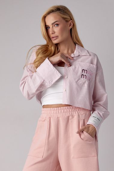 Укороченная рубашка в полоску с надписью Miu Miu - розовый цвет, L (есть размеры) | Зображення 5