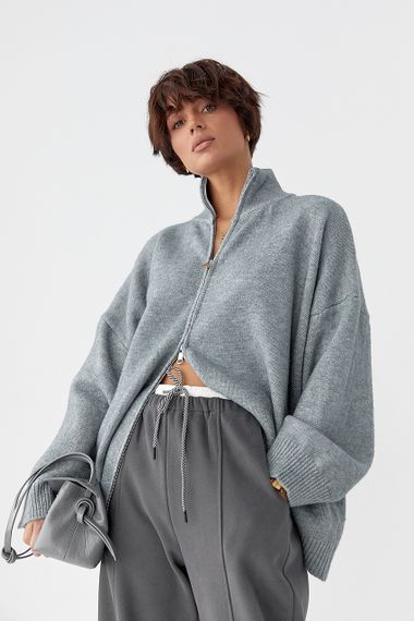 В'язаний кардиган оверсайз на блискавці - сірий цвет, ONE SIZE (є розміри)