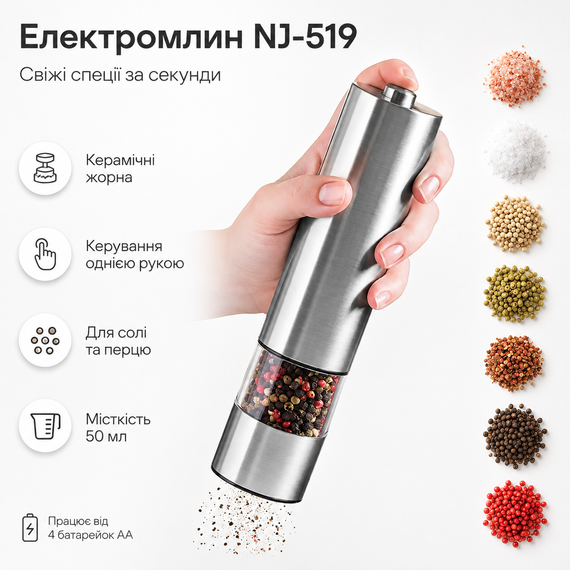 Млин для спецій електричний NJ-519, Сірий / Електромлин для солі та перцю / Млин на батарейках