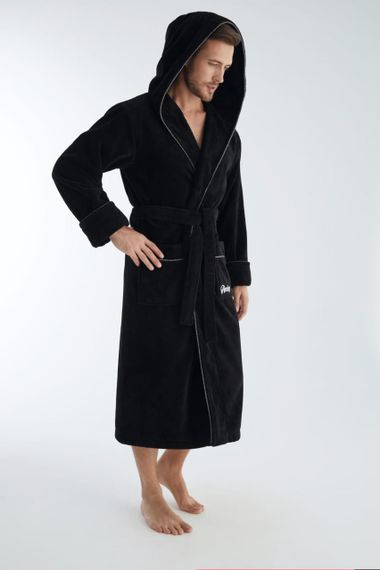 Чоловічий халат Nusa 1320 з капюшоном Чорний, XL | Зображення 3