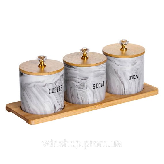 Набір порцелянових банок для сипучіх на підставці 3 шт. по 250 (мл) для чаю кави цукру Сірий SCT-664 | Зображення 2