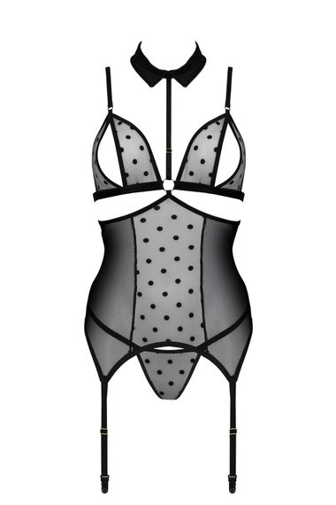 Корсет з відкритими грудьми Passion DOMINICA CORSET L/XL black, пажі для панчіх, стрінги | Зображення 2