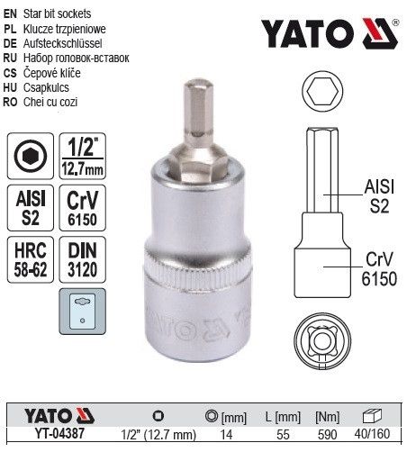 Головка торцева вставка 6 гранна HEX 1/2" М14х55 мм Польща YATO YT-04387 | Зображення 1
