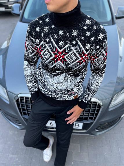 Мужской новогодний свитер с узорами PA2654 цвет черный, размер M