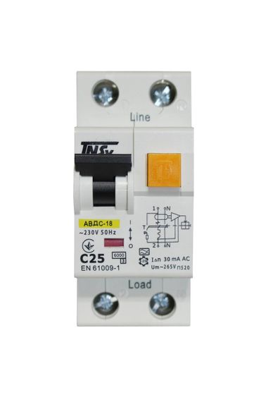Автоматичний вимикач диференційного струму АВДс-18 2Р 25А 30мА тип АС 6 кА х-ка С Ny95506288 | Зображення 1