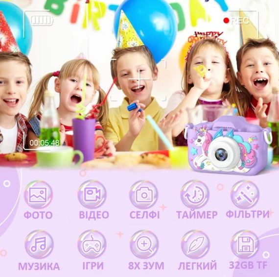 Фотоапарат цифровий дитячий "Єдиноріг", цифрова камера в чохлі з HD екраном 1080P, фіолетовий | Зображення 2