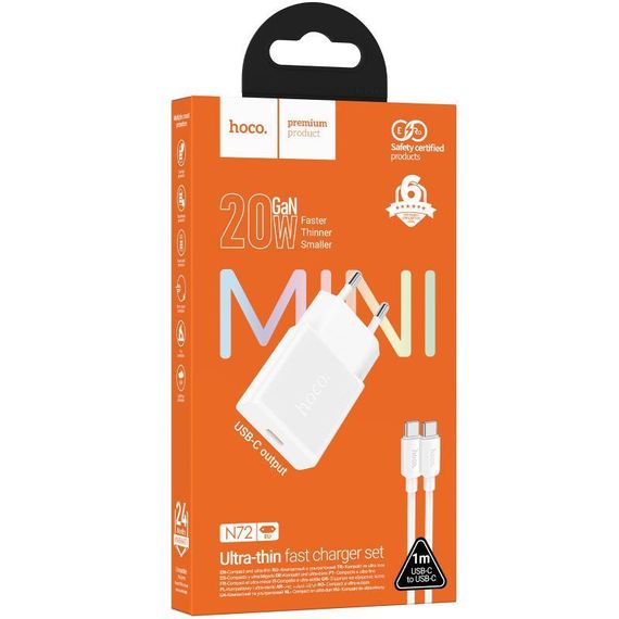 МЗП Hoco N72 Speed ultra-thin PD20W (1USB-C) + кабель Type-C to Type-C White | Зображення 1