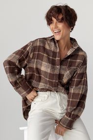 Тепла сорочка в клітинку з накладною кишенею - коричневий цвет, S (є розміри)