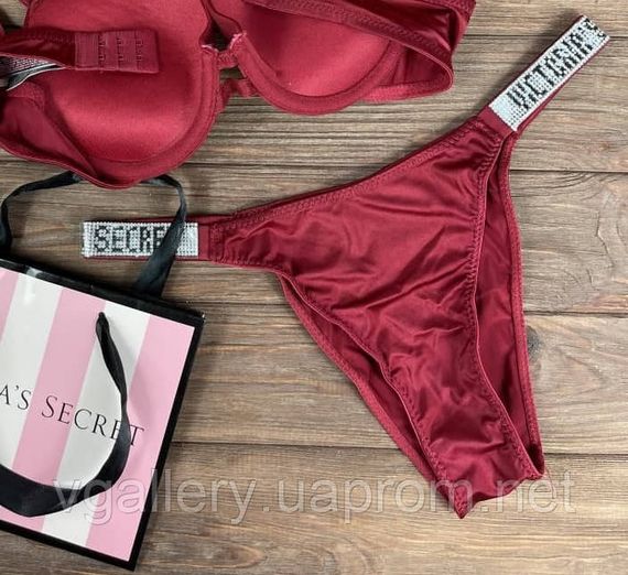 Жіночі трусики Вікторія Сікрет зі стразами, трусики бразиліана Victoria's Secret, модні трусики танга Вишневий, XL