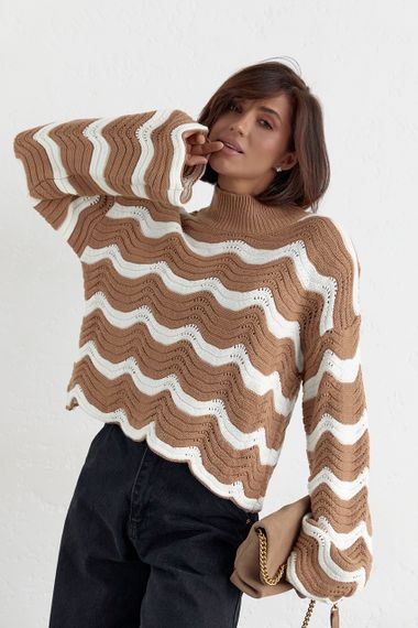 Ажурная кофта с волнистым узором - кофейный цвет, L (есть размеры) | Зображення 4