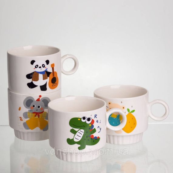 Набір порцелянових чашок для дітей на металевій підставці Animals 4 (шт) по 300 (мл) подарунковий набір чашок FM-8 | Зображення 3