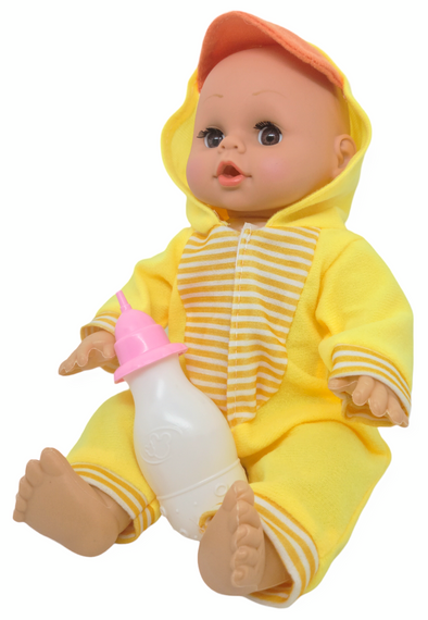 Пупс лялька розмовляє плаче сміється в костюмі каченя 29.5 см Little baby з пляшечкою | Зображення 1