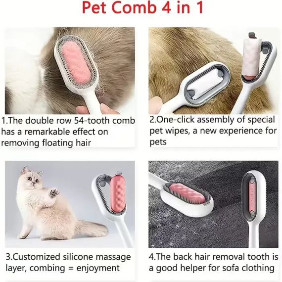 Щетка для вычесывания шерсти домашних животных 4 в 1 Pet Cleaning Comb с массажем и чисткой вещей Pink W28 | Зображення 6