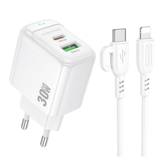 Мережевий зарядний пристрій Borofone BAS45A 1 USB-C/1USB PD/QC 30W+Type-C to Lightning