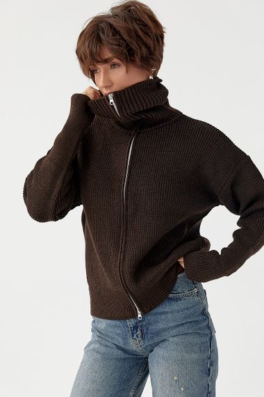 В'язаний кардиган на блискавці з високим коміром - темно-коричневий цвет, ONE SIZE (є розміри) | Зображення 2