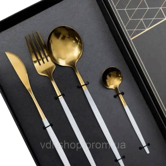 Набір столових приборів 24 предмети столовий набір на 6 персон Золотистий з білим HP-20-47 | Зображення 1