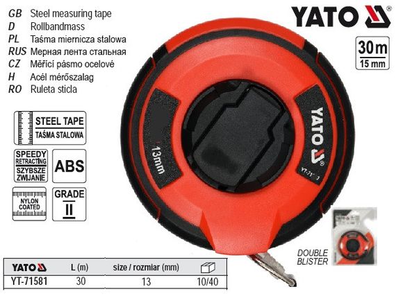 Рулетка YATO Польша сталь нейлоновое покрытие L=30 м b=13 мм YT-71581