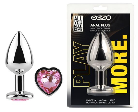 Анальна пробка з кристалом EGZO - Silver Heart Plug Pink size S Sex Aura