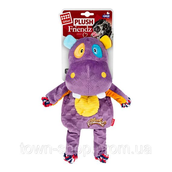Игрушка для собак Бегемот с веревками и пищалкой GiGwi Plush, текстиль, 34 см | Зображення 1