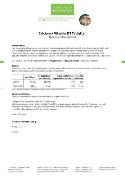 Вітаміни Sanct Bernhard Calcium + D3 "Кальцій 400 мг. + вітамін D3 400 м.о.", 150 шт., Німеччина | Зображення 2