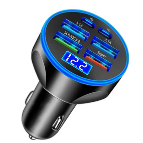 Автомобільний зарядний пристрій із 6 портами (4 USB + 2 PD) і цифровим дисплеєм
