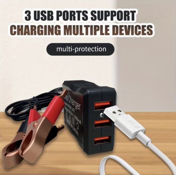 Адаптер живлення 12V/24V на 5V з 3 USB-портами та затискачами для акумулятора для аварійної зарядки телефонів | Зображення 6