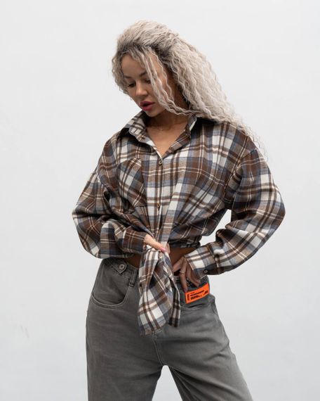 Женская фланелевая рубашка в клетку на пуговицах свободная, MN0003  цвет бежевый, размер L/XL | Зображення 5