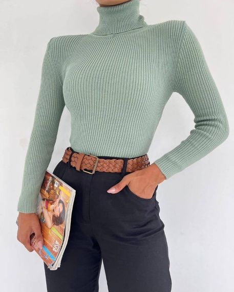 Женская водолазка-гольф в рубчик с высоким воротником SA409, размер 42/48, цвет мятный