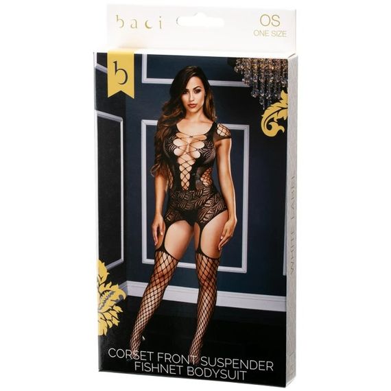 Сексуальний комбінезон з імітацією панчохи Baci Fishnet Garter Catsuit Black | Зображення 1