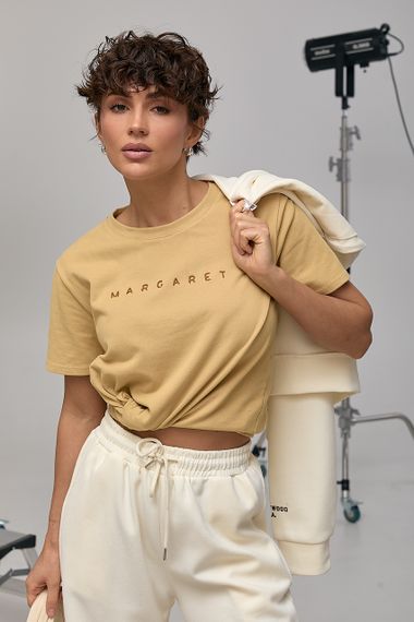 Трикотажна футболка з вишитим написом Margaret - гірчичний цвет, ONE SIZE (є розміри) | Зображення 4