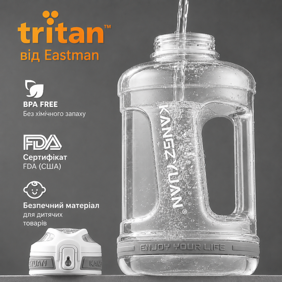 Эко-бутылка KANGZYUAN 1500 мл (1.5 л) - Белая Tritan BPA-free, ударопрочная, спортивная с ручкой и ремешком | Зображення 1