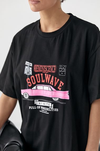 Футболка вільного фасону  із принтом авто - чорний цвет, ONE SIZE (є розміри) | Зображення 3
