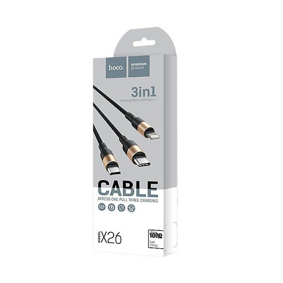 Кабель HOCO X26 USB-1 3 in 1 Micro/Iphone/Type-C, 2A, довжина 1м, Black/Gold, Box | Зображення 3