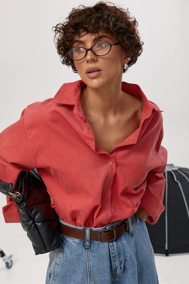 Вельветова однотонна сорочка оверсайз - рожевий цвет, ONE SIZE (є розміри) | Зображення 4