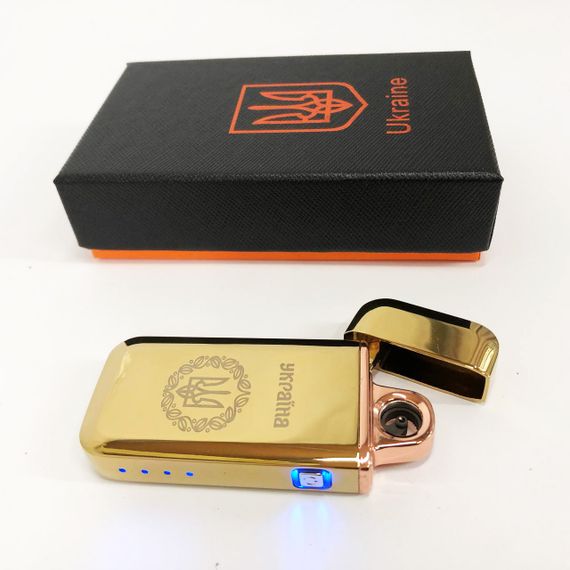 Дугова електроімпульсна запальничка USB Герб України індикатор заряду, ліхтарик HL-442. Колір: золотий | Зображення 3