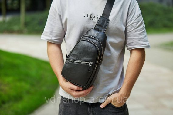 Чоловіча нагрудна сумка рюкзак 31х17х9, бананка зі шкіри на плечі Tiding Bag 79906 чорна | Зображення 5