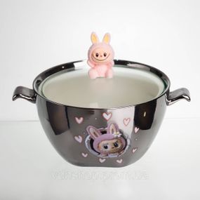 Бульйонниця порцелянова Labubu з кришкою та ручками 800 (мл) Ø15 (см) дитяча тарілка для супу та локшини Сріблястий з рожевим