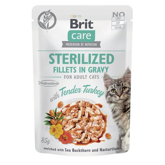 Корм Brit Care Cat Fillets in Gravy Sterilized влажный с индейкой для стерилизованных котов 85 гр