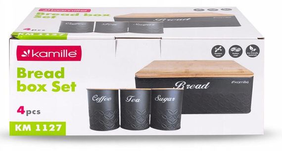 Хлібниця Kamille Black&Wood 36х22х20см з дерев'яною кришкою + 3 ємності для зберігання, чорні | Зображення 5